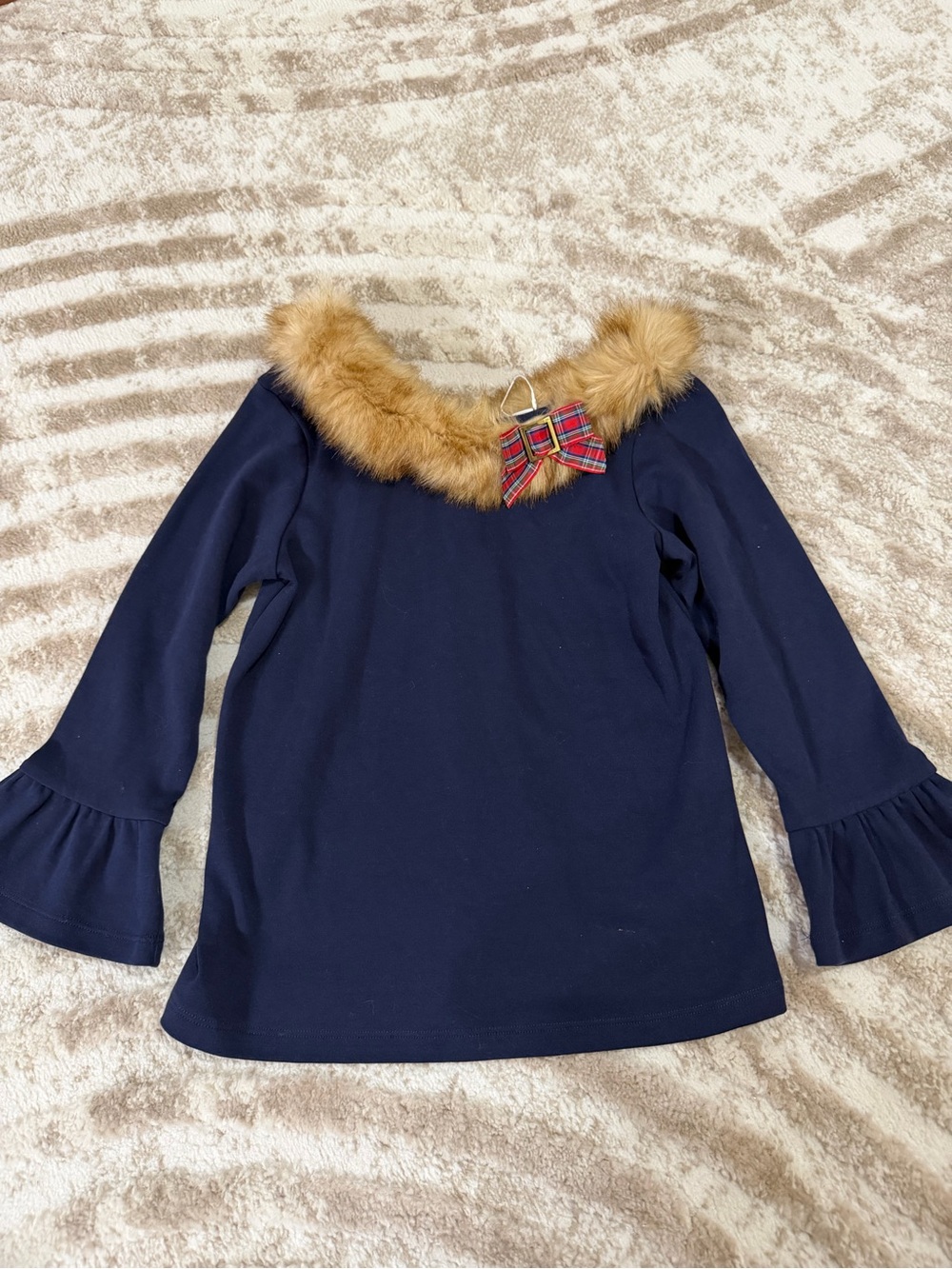 Janie and Jack Girls Navy Top with Faux Fur Trim and Plaid Bow